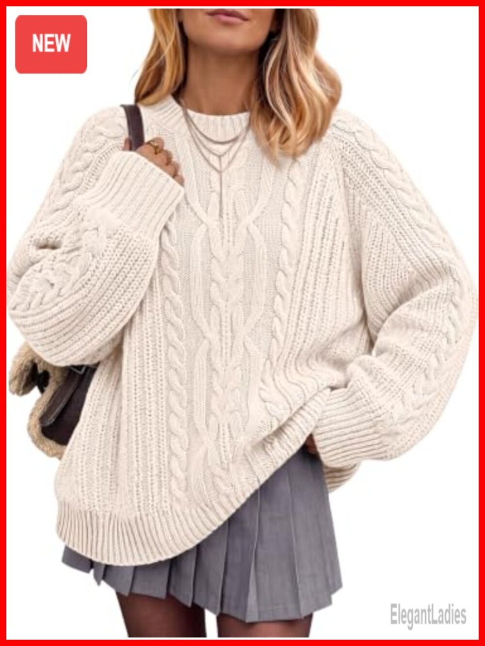 Oversized Cable Knit Crewneck Pullover Sweater Cotton Blend